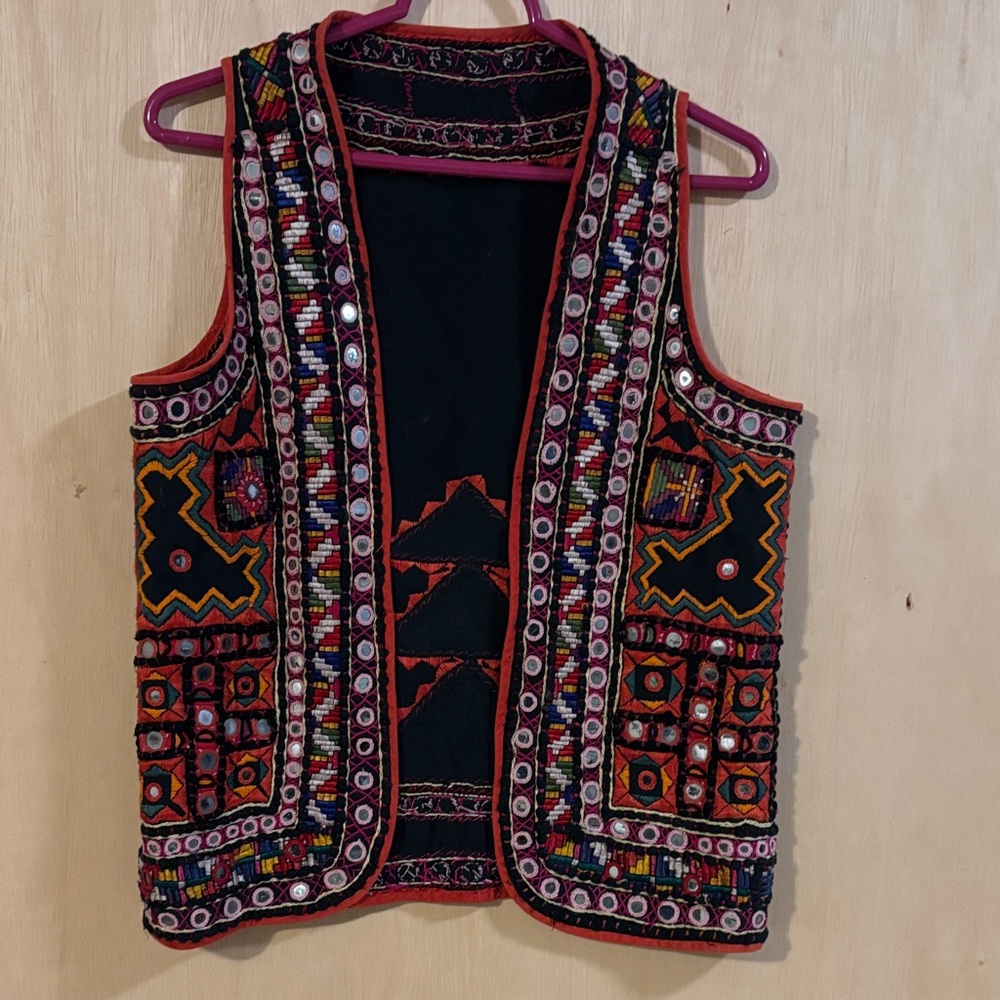 Embroidered Black & Red Boho Vest